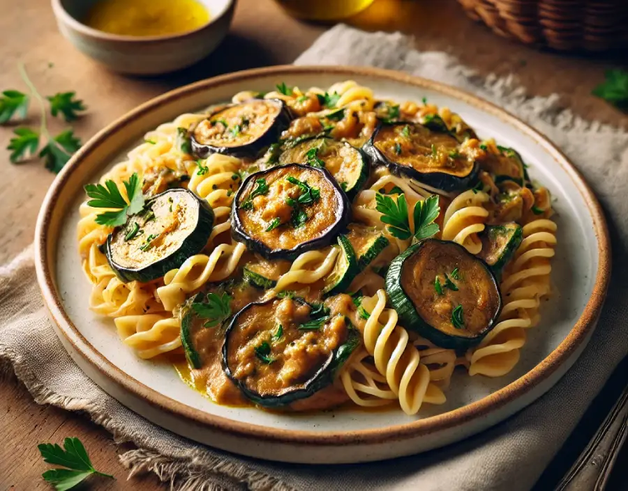 Pasta con Salsa Cremosa de Paté de Berenjena y Calabacín vegavilanos