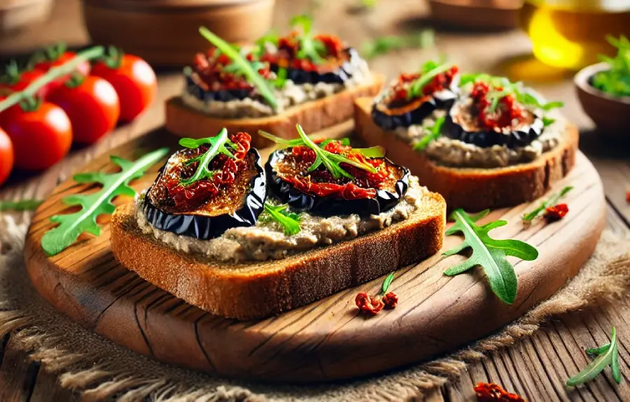 Tostas de Paté de Berenjena con Tomates secos y Rúcula